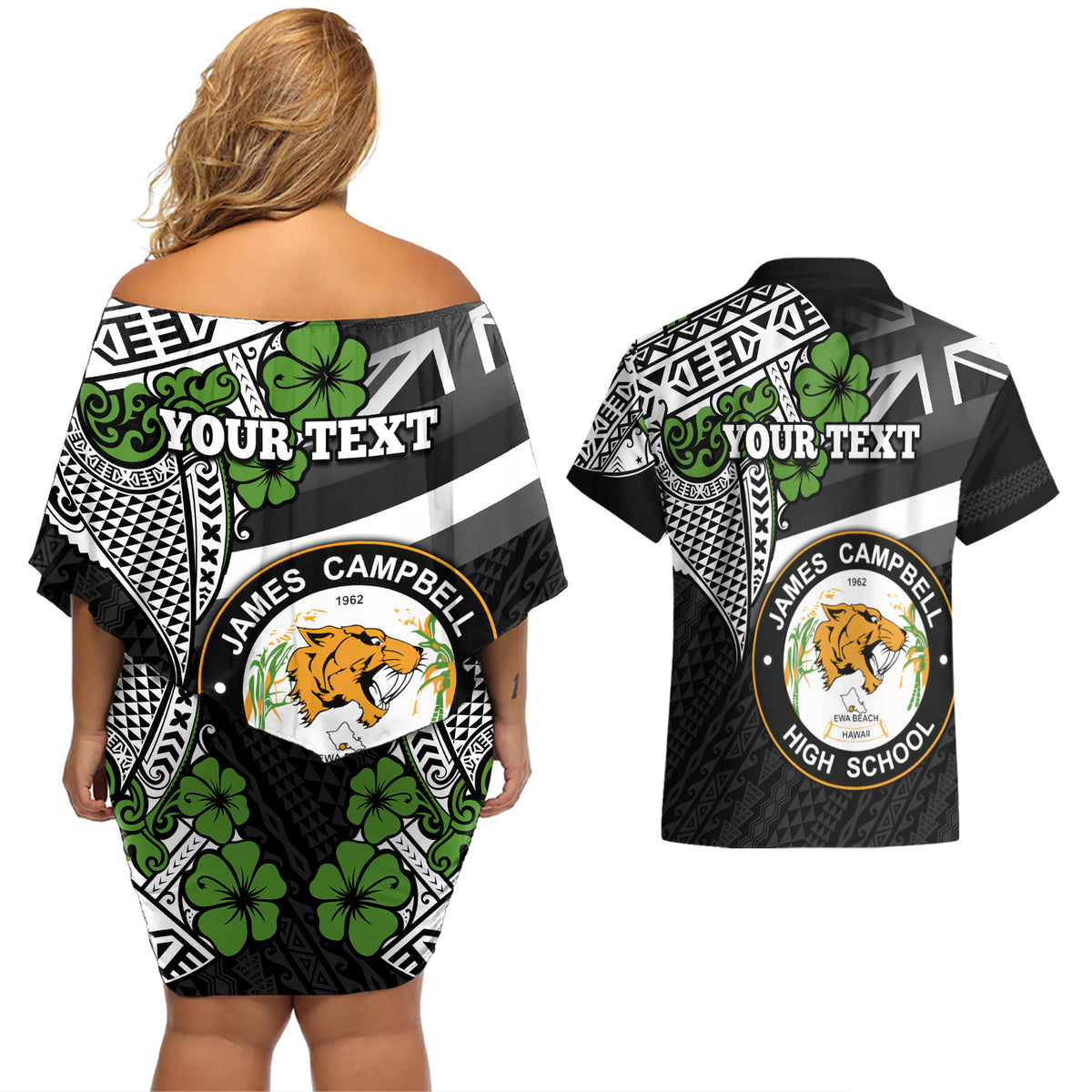 Hawaii James Campbell High School Couples Matching Off Shoulder Short Dress and Hawaiian Shirt Kakau Pattern Black Version LT03 - Polynesian Pride