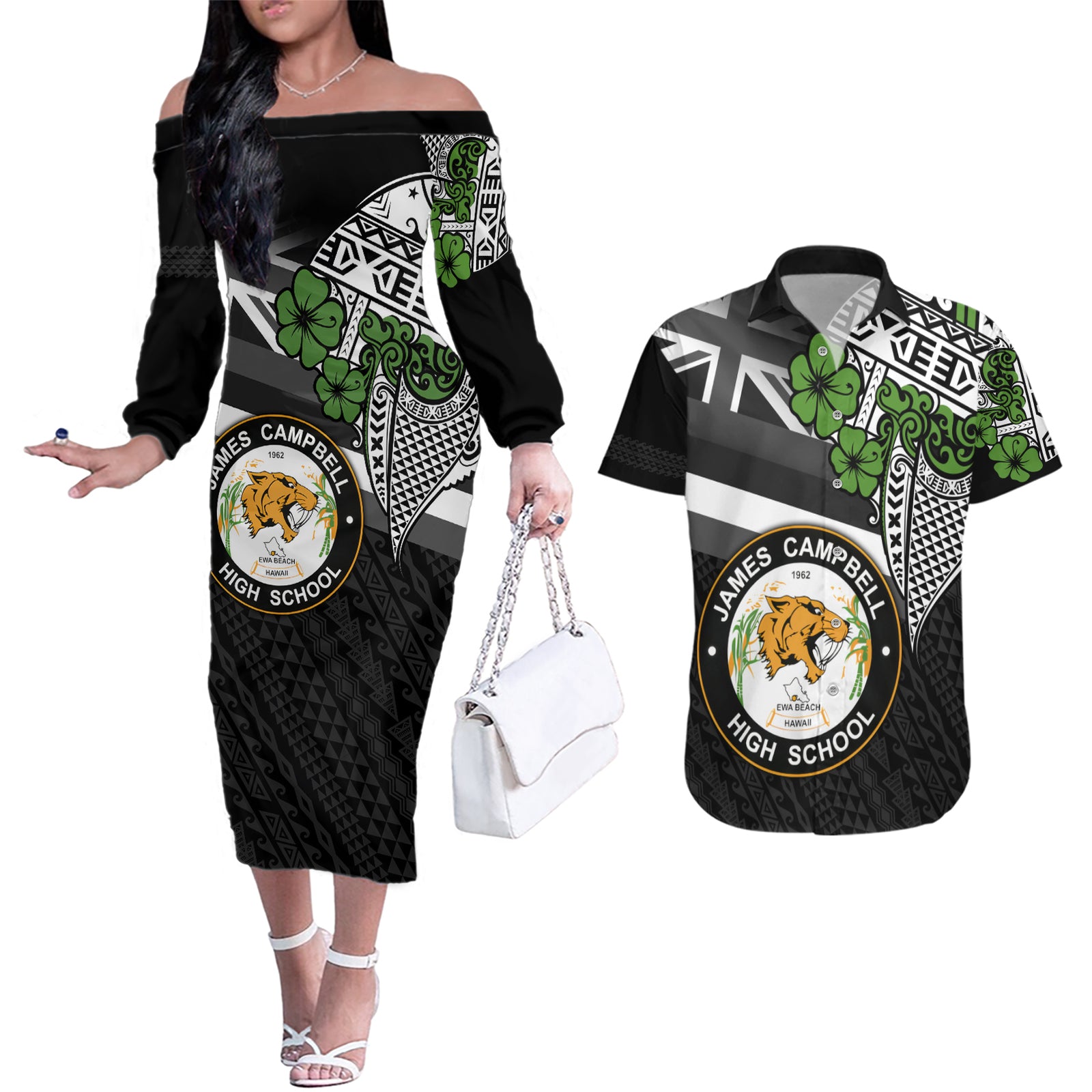 Hawaii James Campbell High School Couples Matching Off The Shoulder Long Sleeve Dress and Hawaiian Shirt Kakau Pattern Black Version LT03 Black - Polynesian Pride