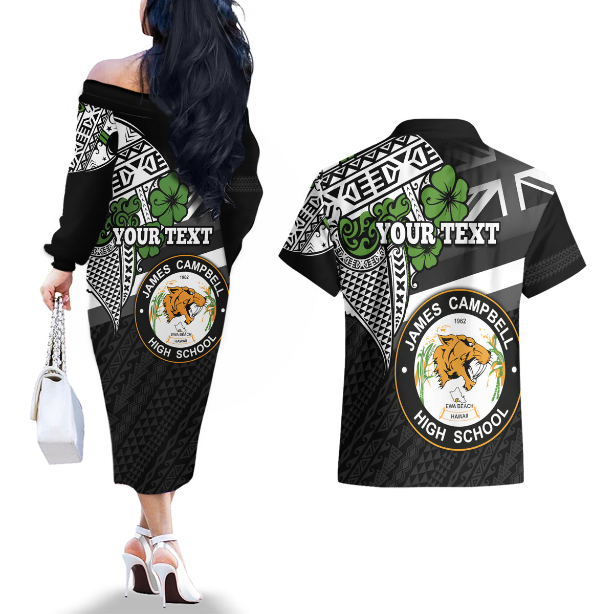Hawaii James Campbell High School Couples Matching Off The Shoulder Long Sleeve Dress and Hawaiian Shirt Kakau Pattern Black Version LT03 - Polynesian Pride