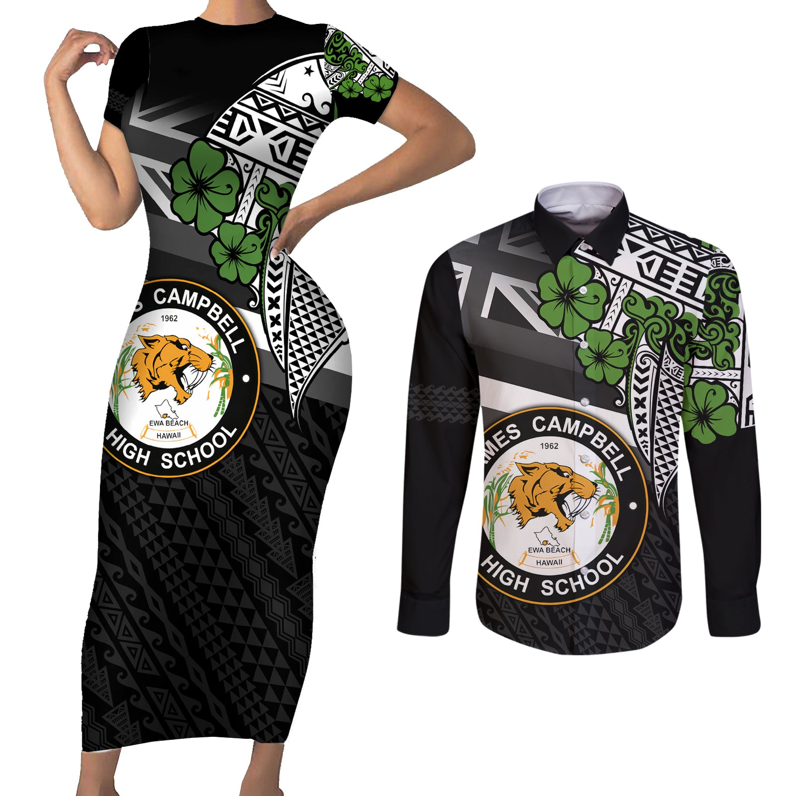 Hawaii James Campbell High School Couples Matching Short Sleeve Bodycon Dress and Long Sleeve Button Shirt Kakau Pattern Black Version LT03 Black - Polynesian Pride