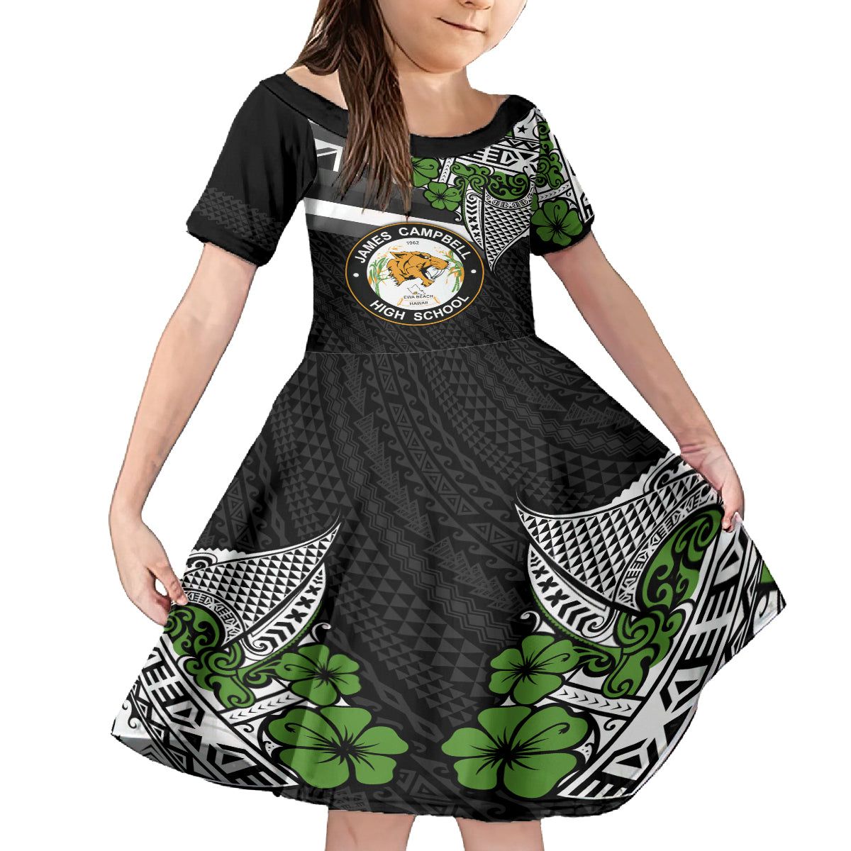 Hawaii James Campbell High School Family Matching Summer Maxi Dress and Hawaiian Shirt Kakau Pattern Black Version LT03 Daughter's Dress Black - Polynesian Pride