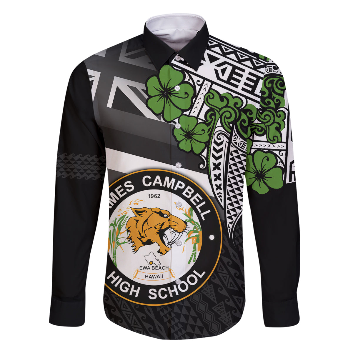 Hawaii James Campbell High School Family Matching Tank Maxi Dress and Hawaiian Shirt Kakau Pattern Black Version LT03 Dad's Shirt - Long Sleeve Black - Polynesian Pride
