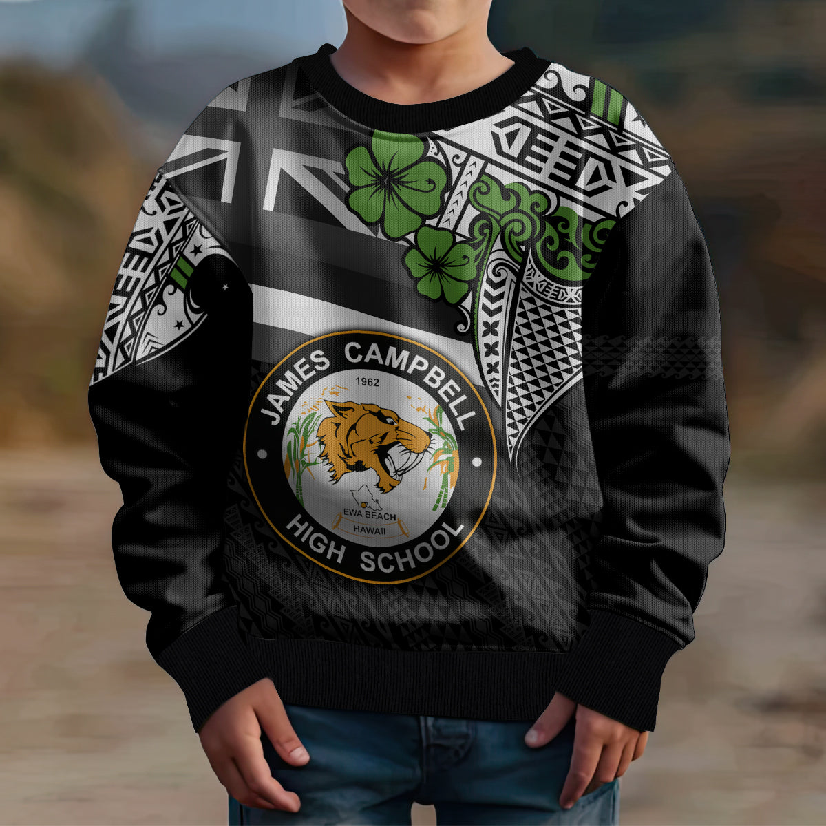 Hawaii James Campbell High School Kid Ugly Christmas Sweater Kakau Pattern Black Version LT03 - Polynesian Pride