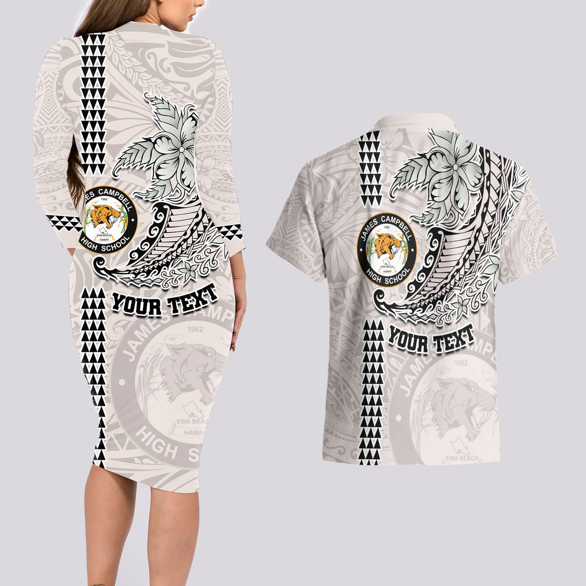Custom Hawaii James Campbell High School Couples Matching Long Sleeve Bodycon Dress and Hawaiian Shirt Tribal Kakau Pattern LT03 - Polynesian Pride
