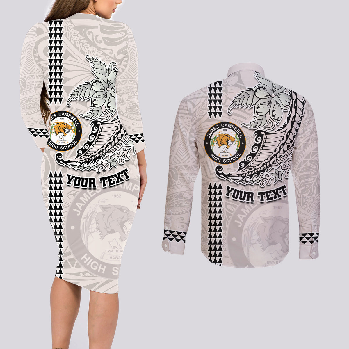 Custom Hawaii James Campbell High School Couples Matching Long Sleeve Bodycon Dress and Long Sleeve Button Shirt Tribal Kakau Pattern LT03 - Polynesian Pride