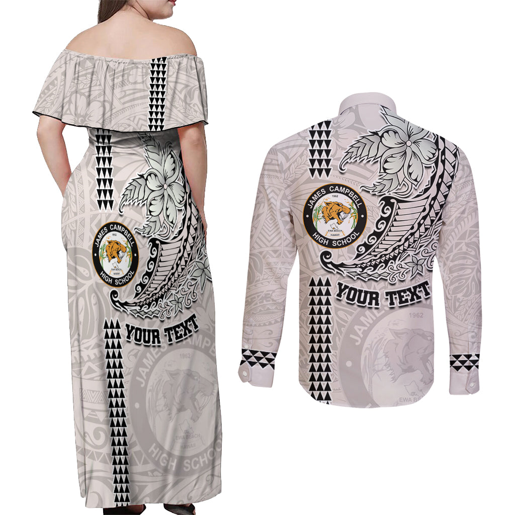 Custom Hawaii James Campbell High School Couples Matching Off Shoulder Maxi Dress and Long Sleeve Button Shirt Tribal Kakau Pattern LT03 - Polynesian Pride