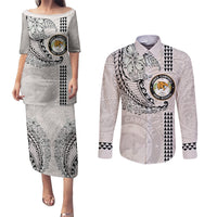 Custom Hawaii James Campbell High School Couples Matching Puletasi Dress and Long Sleeve Button Shirt Tribal Kakau Pattern LT03 White - Polynesian Pride