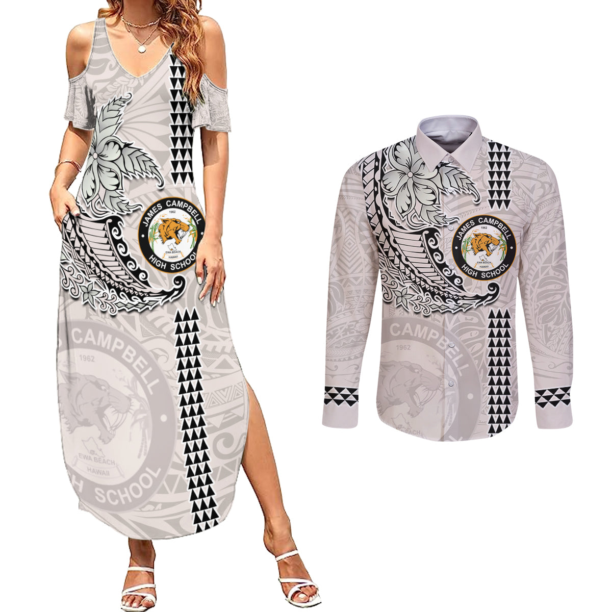 Custom Hawaii James Campbell High School Couples Matching Summer Maxi Dress and Long Sleeve Button Shirt Tribal Kakau Pattern LT03 White - Polynesian Pride