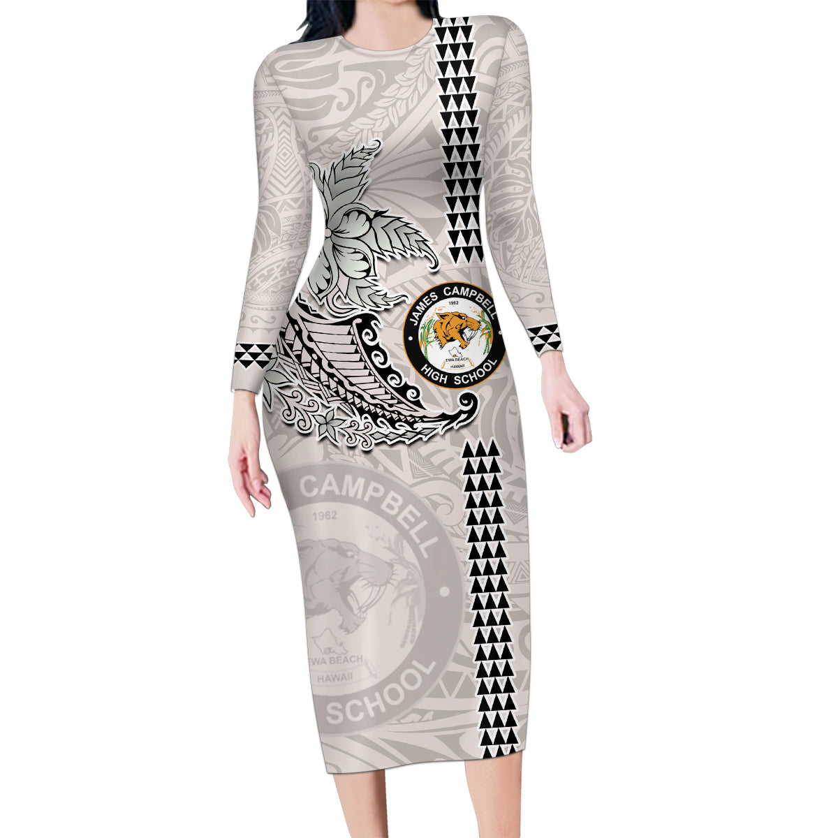 Custom Hawaii James Campbell High School Family Matching Long Sleeve Bodycon Dress and Hawaiian Shirt Tribal Kakau Pattern LT03 Mom's Dress White - Polynesian Pride