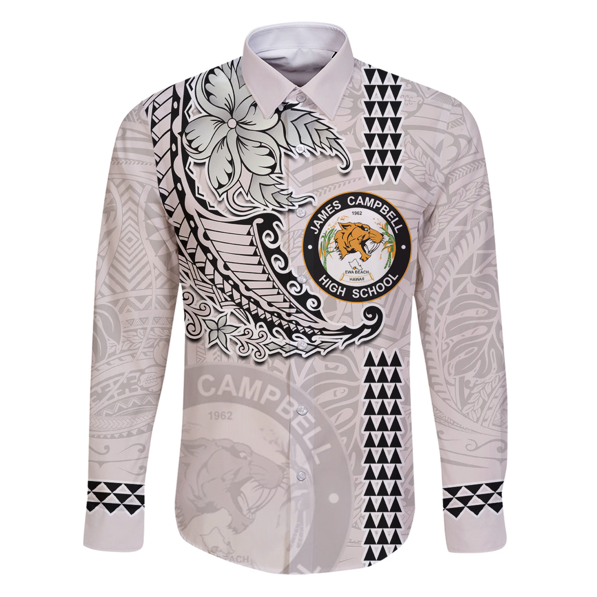 Custom Hawaii James Campbell High School Family Matching Puletasi Dress and Hawaiian Shirt Tribal Kakau Pattern LT03 Dad's Shirt - Long Sleeve White - Polynesian Pride