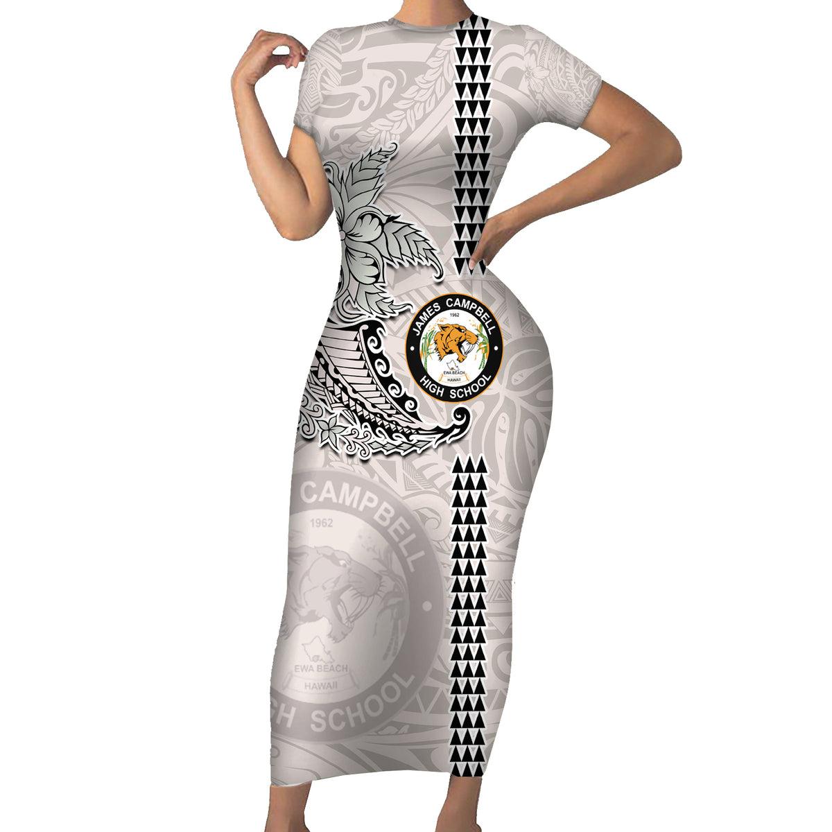 Custom Hawaii James Campbell High School Short Sleeve Bodycon Dress Tribal Kakau Pattern LT03 Long Dress White - Polynesian Pride