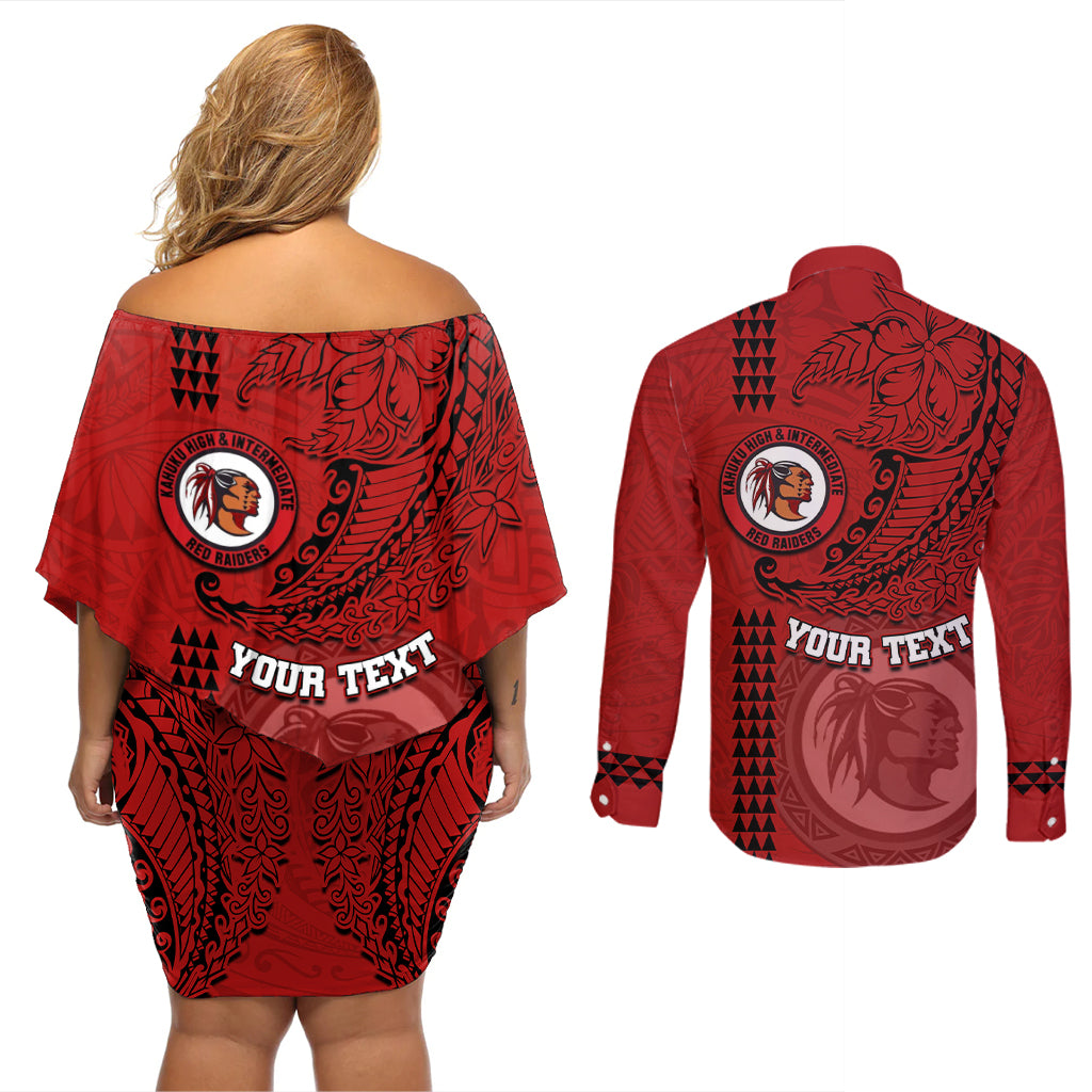 Hawaii Kahuku High & Intermediate School Couples Matching Off Shoulder Short Dress and Long Sleeve Button Shirt Tribal Kakau Pattern LT03 - Polynesian Pride