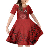 Hawaii Kahuku High & Intermediate School Family Matching Off Shoulder Long Sleeve Dress and Hawaiian Shirt Tribal Kakau Pattern LT03 Daughter's Dress Red - Polynesian Pride