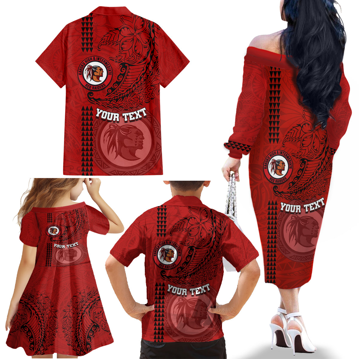 Hawaii Kahuku High & Intermediate School Family Matching Off Shoulder Long Sleeve Dress and Hawaiian Shirt Tribal Kakau Pattern LT03 - Polynesian Pride