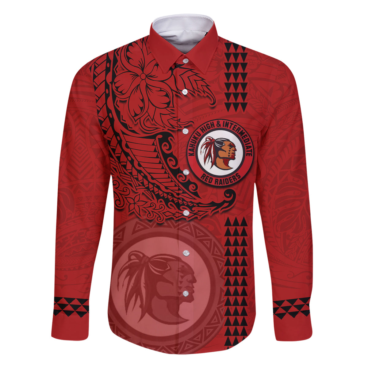 Hawaii Kahuku High & Intermediate School Family Matching Off Shoulder Short Dress and Hawaiian Shirt Tribal Kakau Pattern LT03 Dad's Shirt - Long Sleeve Red - Polynesian Pride