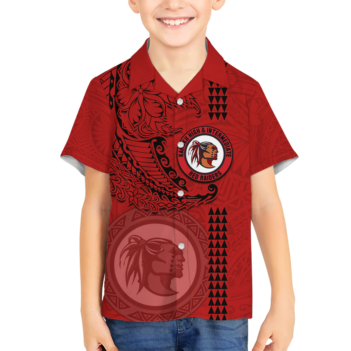 Hawaii Kahuku High & Intermediate School Family Matching Summer Maxi Dress and Hawaiian Shirt Tribal Kakau Pattern LT03 Son's Shirt Red - Polynesian Pride