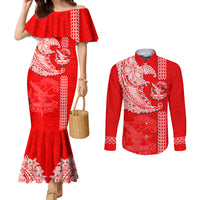 Hawaii Kalani High School Couples Matching Mermaid Dress and Long Sleeve Button Shirt Tribal Kakau Pattern LT03 Red - Polynesian Pride