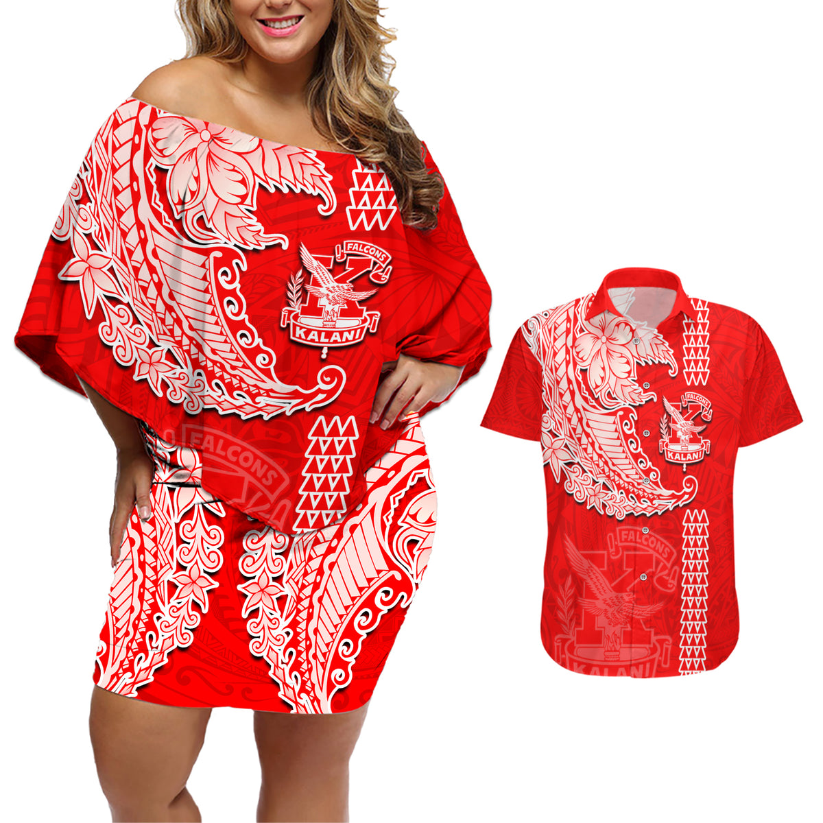 Hawaii Kalani High School Couples Matching Off Shoulder Short Dress and Hawaiian Shirt Tribal Kakau Pattern LT03 Red - Polynesian Pride