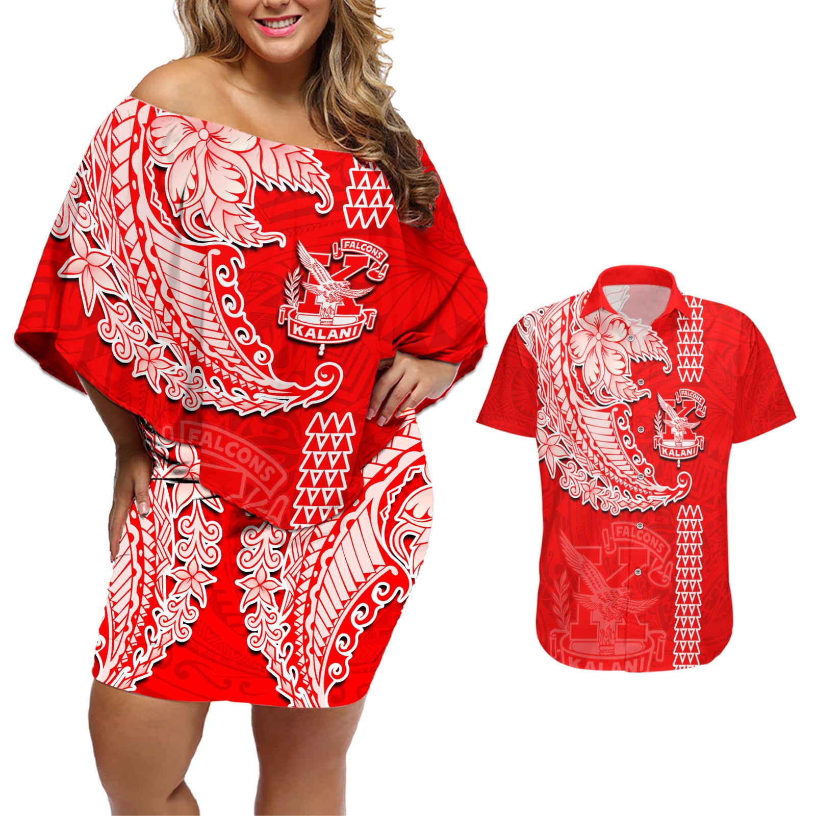 Hawaii Kalani High School Couples Matching Off Shoulder Short Dress and Hawaiian Shirt Tribal Kakau Pattern LT03 Red - Polynesian Pride