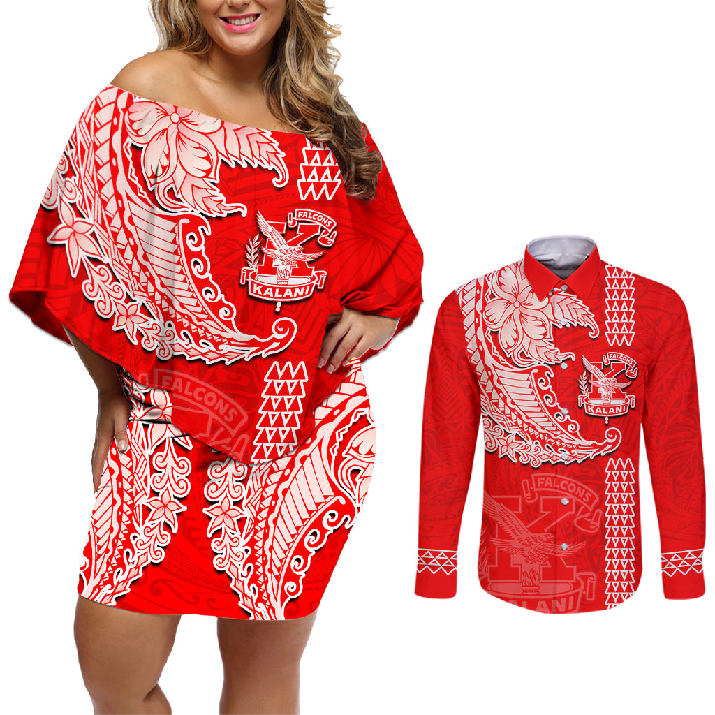 Hawaii Kalani High School Couples Matching Off Shoulder Short Dress and Long Sleeve Button Shirt Tribal Kakau Pattern LT03 Red - Polynesian Pride