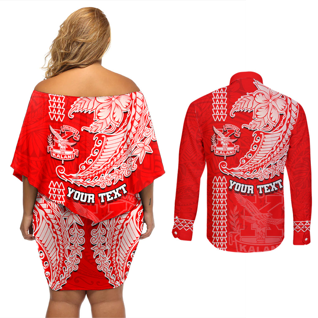 Hawaii Kalani High School Couples Matching Off Shoulder Short Dress and Long Sleeve Button Shirt Tribal Kakau Pattern LT03 - Polynesian Pride