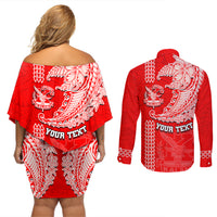 Hawaii Kalani High School Couples Matching Off Shoulder Short Dress and Long Sleeve Button Shirt Tribal Kakau Pattern LT03 - Polynesian Pride