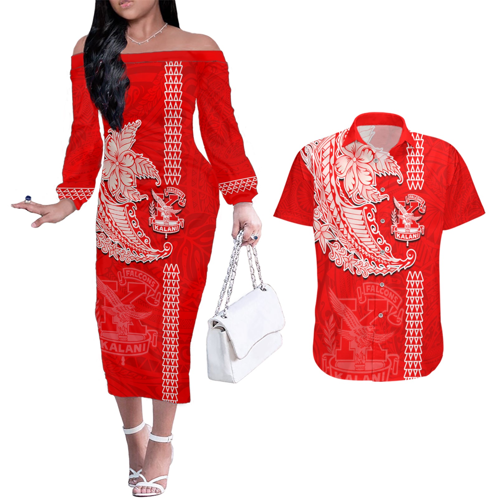 Hawaii Kalani High School Couples Matching Off The Shoulder Long Sleeve Dress and Hawaiian Shirt Tribal Kakau Pattern LT03 Red - Polynesian Pride
