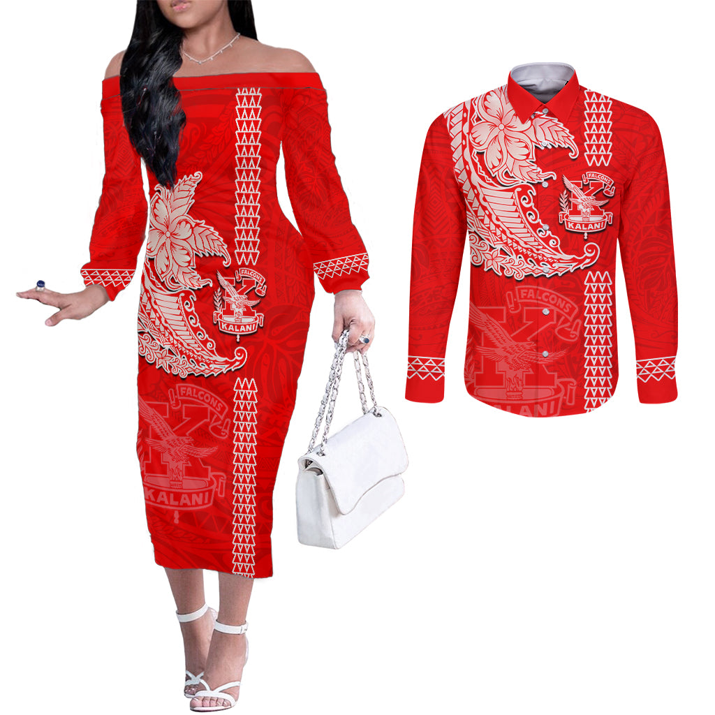 Hawaii Kalani High School Couples Matching Off The Shoulder Long Sleeve Dress and Long Sleeve Button Shirt Tribal Kakau Pattern LT03 Red - Polynesian Pride