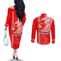 Hawaii Kalani High School Couples Matching Off The Shoulder Long Sleeve Dress and Long Sleeve Button Shirt Tribal Kakau Pattern LT03 - Polynesian Pride