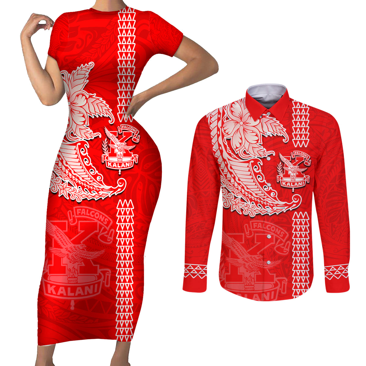 Hawaii Kalani High School Couples Matching Short Sleeve Bodycon Dress and Long Sleeve Button Shirt Tribal Kakau Pattern LT03 Red - Polynesian Pride