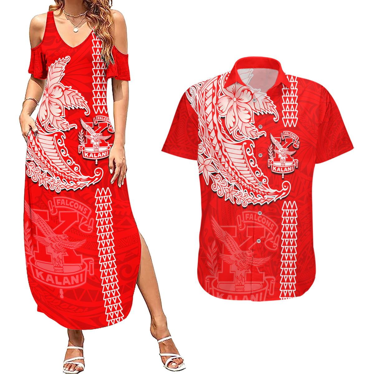 Hawaii Kalani High School Couples Matching Summer Maxi Dress and Hawaiian Shirt Tribal Kakau Pattern LT03 Red - Polynesian Pride