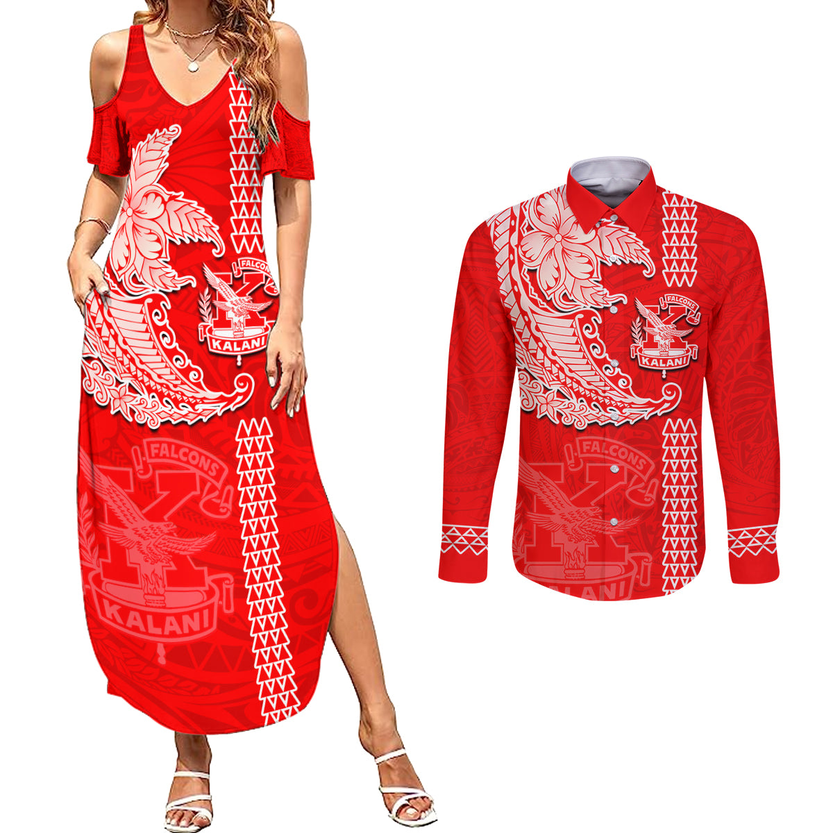 Hawaii Kalani High School Couples Matching Summer Maxi Dress and Long Sleeve Button Shirt Tribal Kakau Pattern LT03 Red - Polynesian Pride
