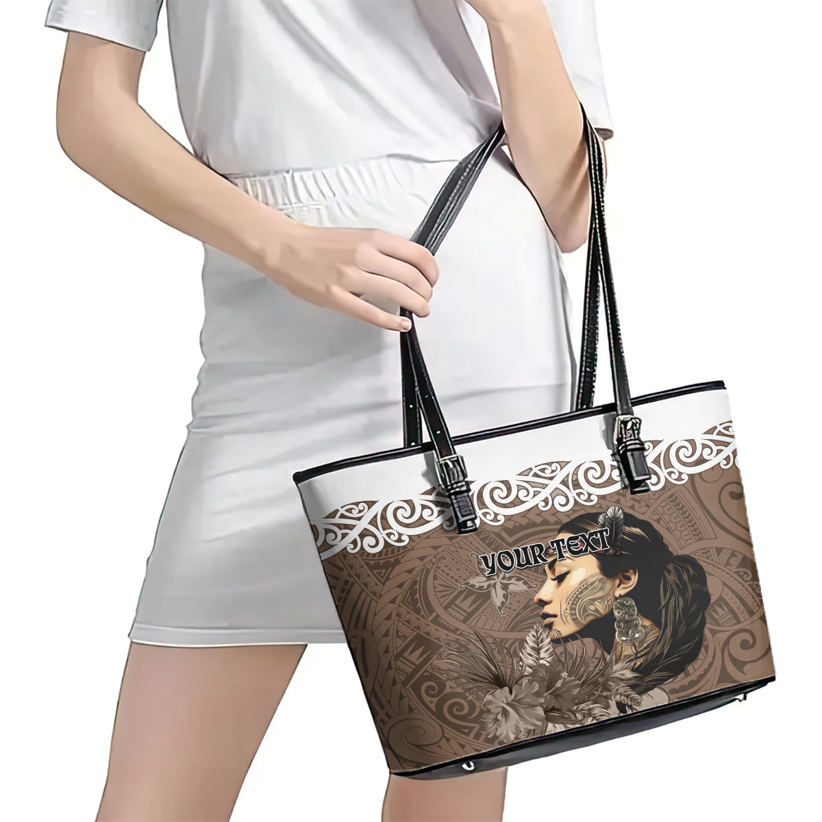 Custom New Zealand Womens Day Leather Tote Bag Traditional Maori Woman Polynesian Pattern Brown Color LT03 - Polynesian Pride