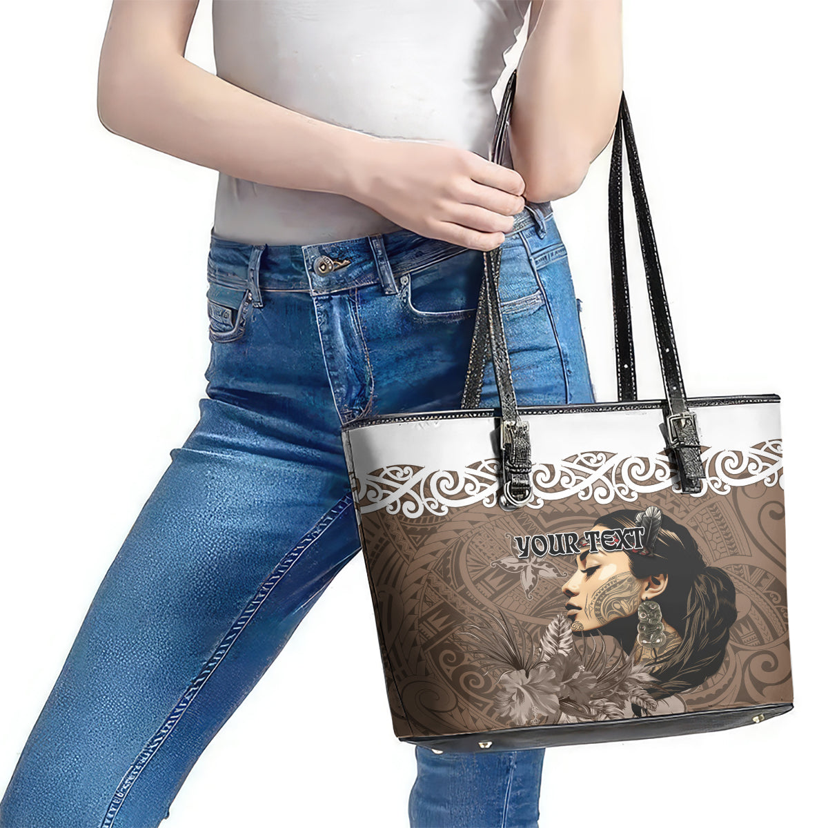 Custom New Zealand Womens Day Leather Tote Bag Traditional Maori Woman Polynesian Pattern Brown Color LT03 - Polynesian Pride