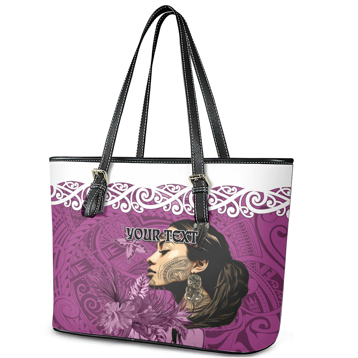 Custom New Zealand Womens Day Leather Tote Bag Traditional Maori Woman Polynesian Pattern Pink Color LT03 - Polynesian Pride