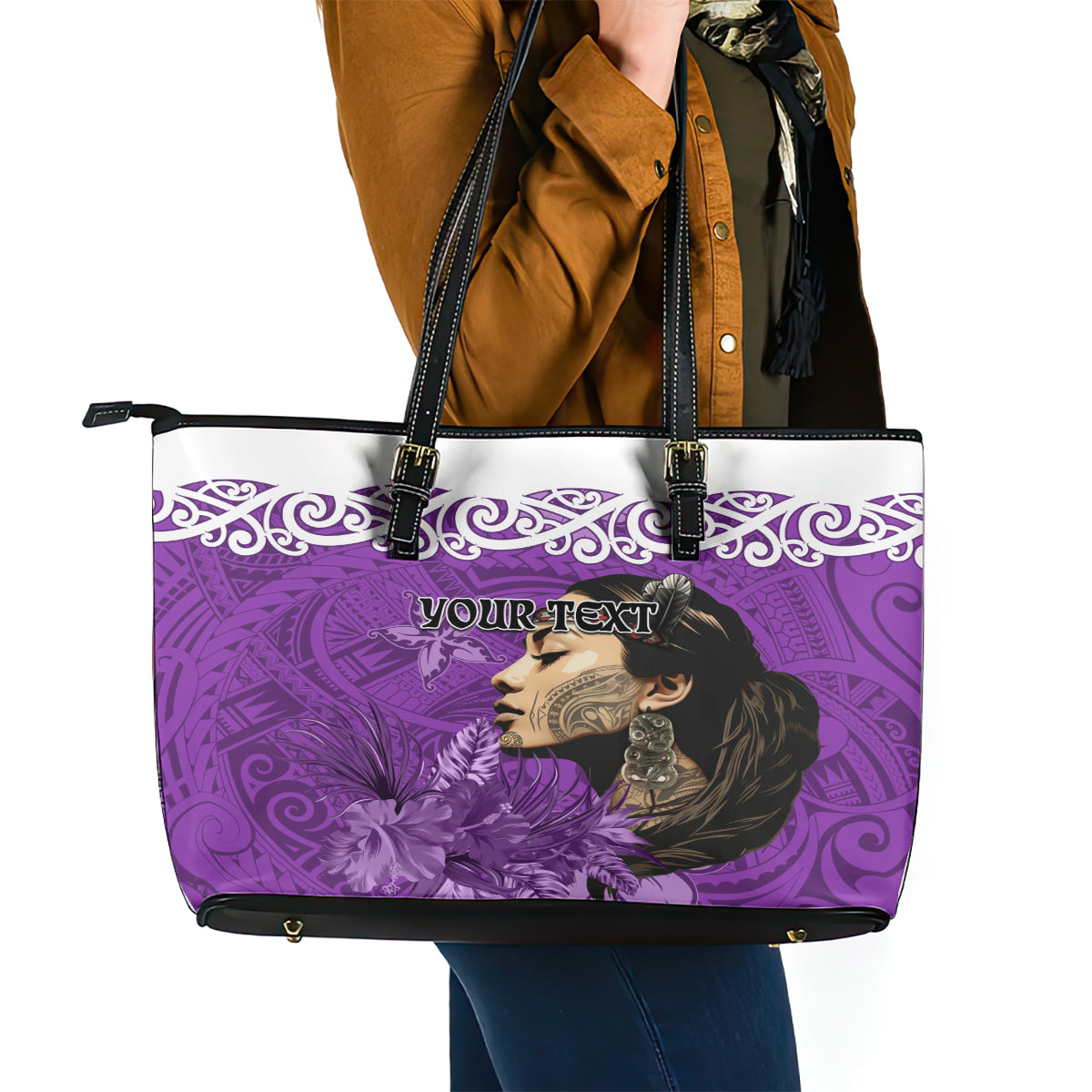 Custom New Zealand Womens Day Leather Tote Bag Traditional Maori Woman Polynesian Pattern Purple Color LT03 - Polynesian Pride