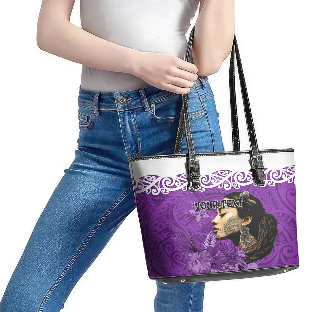 Custom New Zealand Womens Day Leather Tote Bag Traditional Maori Woman Polynesian Pattern Purple Color LT03 - Polynesian Pride