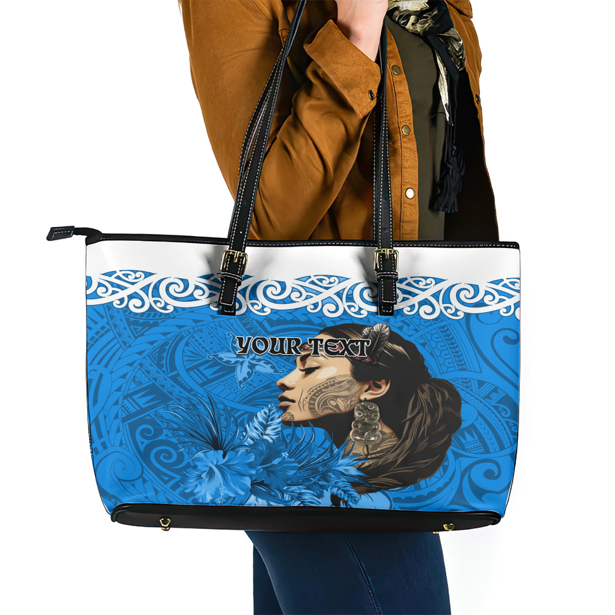 Custom New Zealand Womens Day Leather Tote Bag Traditional Maori Woman Polynesian Pattern Blue Color LT03 - Polynesian Pride