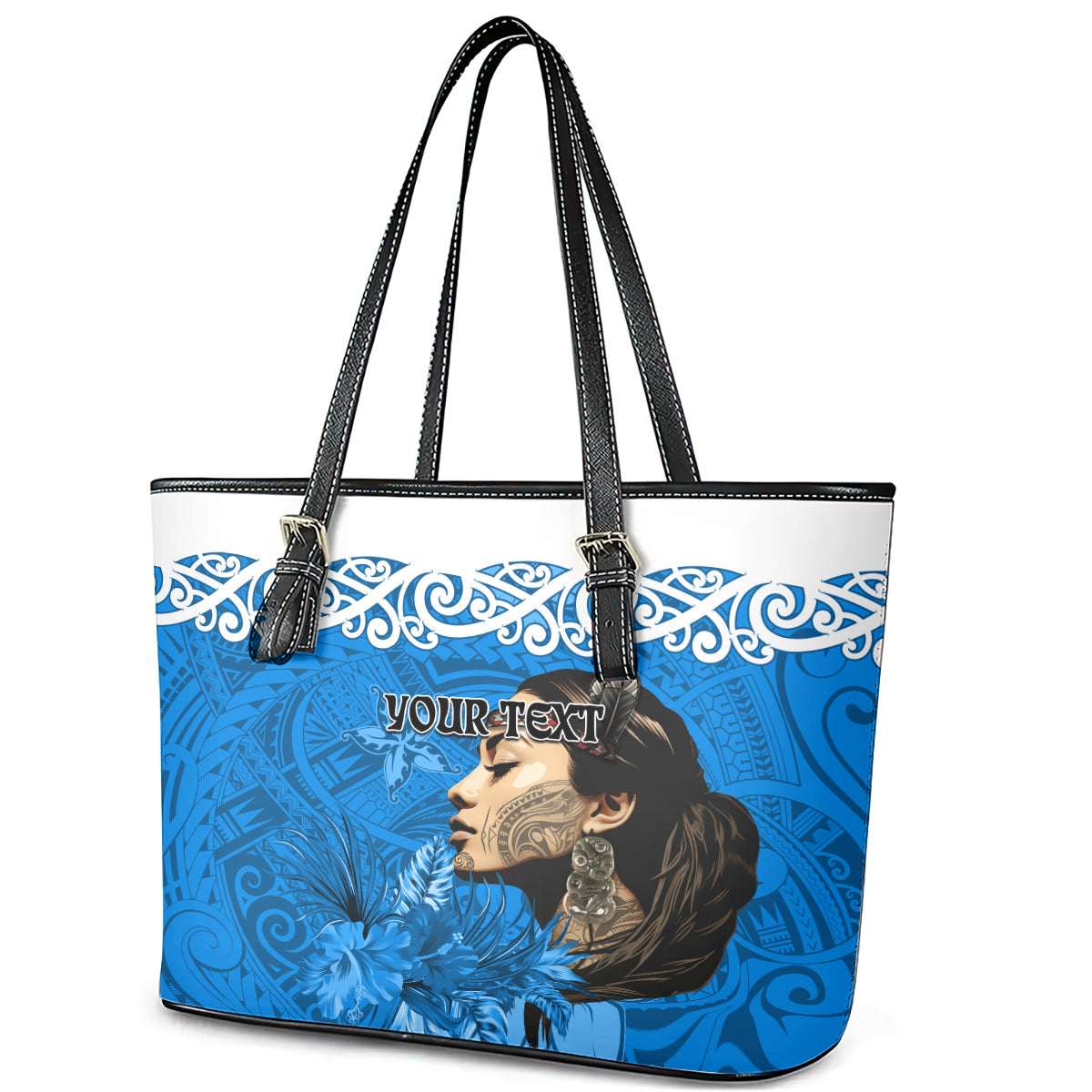 Custom New Zealand Womens Day Leather Tote Bag Traditional Maori Woman Polynesian Pattern Blue Color LT03 - Polynesian Pride