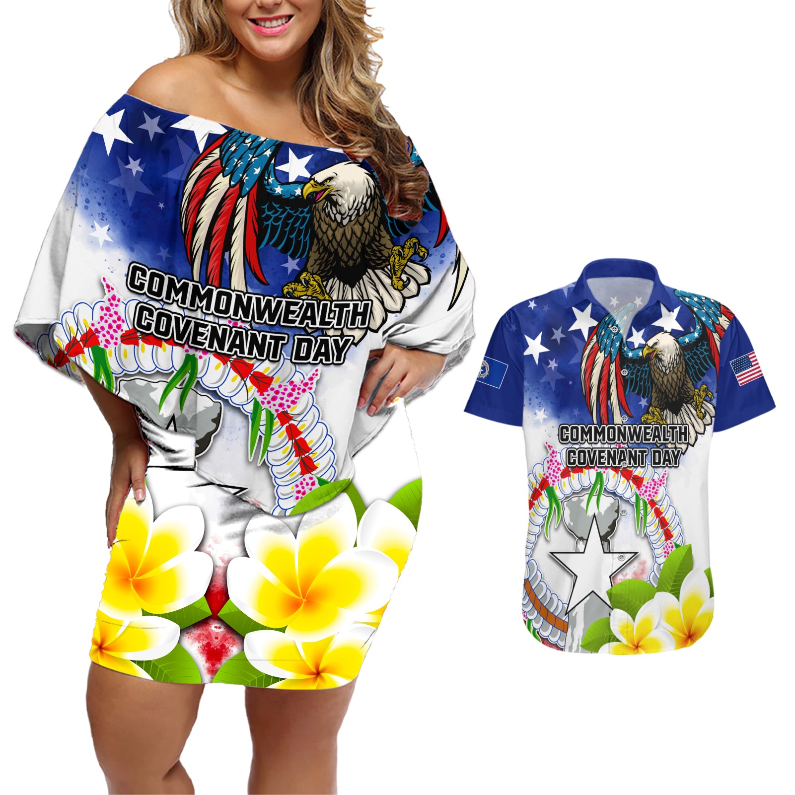 Custom Northern Mariana Islands Commonwealth Covenant Day Couples Matching Off Shoulder Short Dress and Hawaiian Shirt Plumeria Flower Splash Style LT03 Blue - Polynesian Pride