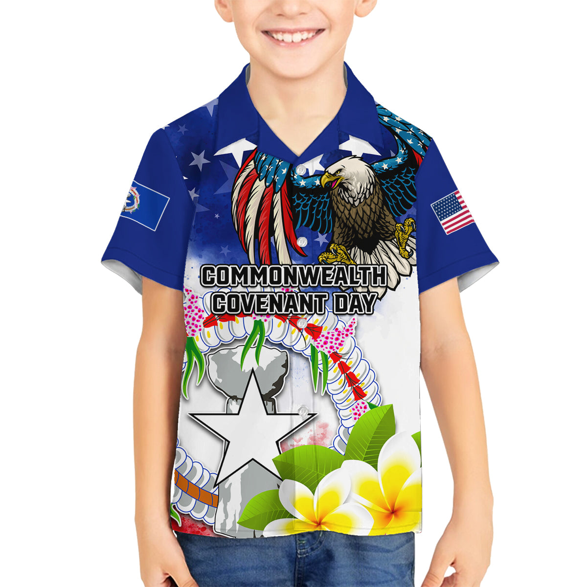 Custom Northern Mariana Islands Commonwealth Covenant Day Family Matching Off Shoulder Long Sleeve Dress and Hawaiian Shirt Plumeria Flower Splash Style LT03 Son's Shirt Blue - Polynesian Pride
