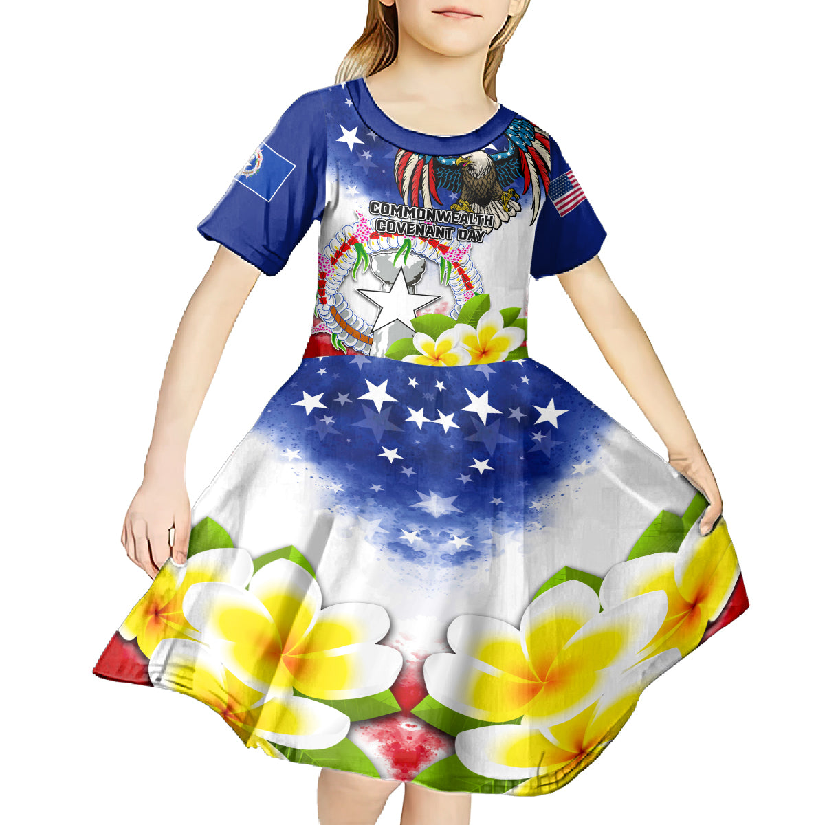 Custom Northern Mariana Islands Commonwealth Covenant Day Kid Short Sleeve Dress Plumeria Flower Splash Style LT03 - Polynesian Pride