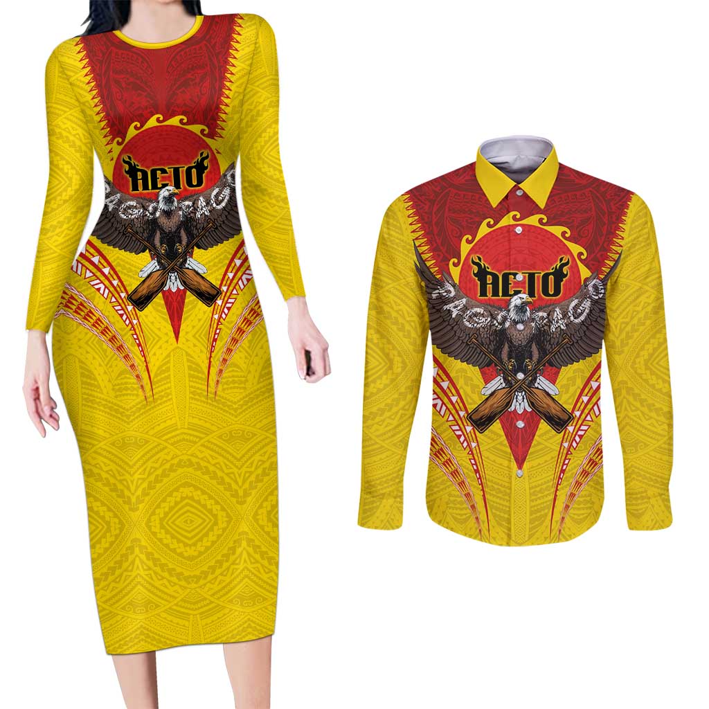 American Samoa Fautasi Race Couples Matching Long Sleeve Bodycon Dress and Long Sleeve Button Shirt Pago Pago-Aeto Samoan Tattoo and Eagle