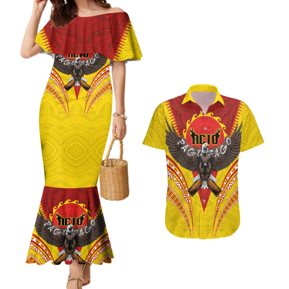 American Samoa Fautasi Race Couples Matching Mermaid Dress and Hawaiian Shirt Pago Pago-Aeto Samoan Tattoo and Eagle LT03 Yellow - Polynesian Pride