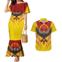 American Samoa Fautasi Race Couples Matching Mermaid Dress and Hawaiian Shirt Pago Pago-Aeto Samoan Tattoo and Eagle LT03 Yellow - Polynesian Pride