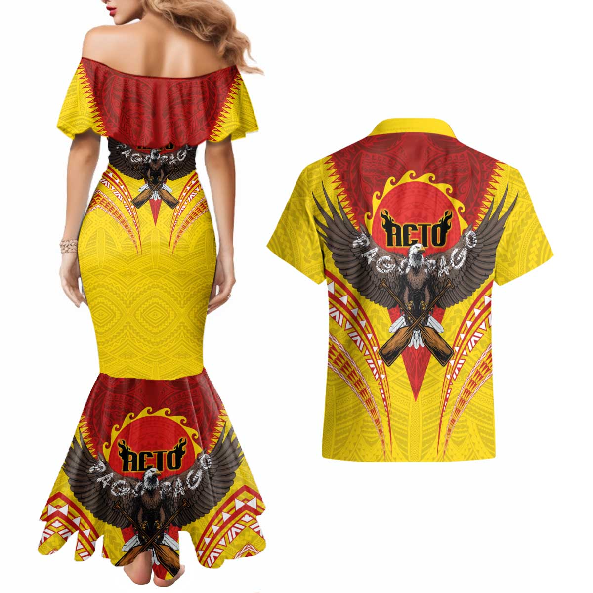 American Samoa Fautasi Race Couples Matching Mermaid Dress and Hawaiian Shirt Pago Pago-Aeto Samoan Tattoo and Eagle LT03 - Polynesian Pride