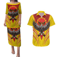 American Samoa Fautasi Race Couples Matching Puletasi and Hawaiian Shirt Pago Pago-Aeto Samoan Tattoo and Eagle LT03 Yellow - Polynesian Pride
