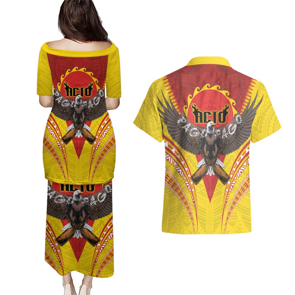 American Samoa Fautasi Race Couples Matching Puletasi and Hawaiian Shirt Pago Pago-Aeto Samoan Tattoo and Eagle LT03 - Polynesian Pride