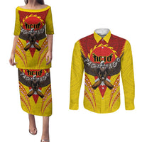 American Samoa Fautasi Race Couples Matching Puletasi and Long Sleeve Button Shirt Pago Pago-Aeto Samoan Tattoo and Eagle LT03 Yellow - Polynesian Pride