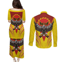 American Samoa Fautasi Race Couples Matching Puletasi and Long Sleeve Button Shirt Pago Pago-Aeto Samoan Tattoo and Eagle LT03 - Polynesian Pride